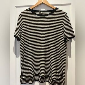 Eileen Fisher Organic Linen + Lyocell Blend Black Beige Woven Breton Boxy Top S